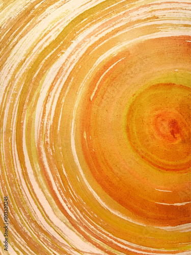 波紋を描いた水彩画、オレンジ色の波紋、筆跡のある水彩画、刷毛跡のある絵、顔彩で描いた太陽の光のリング
