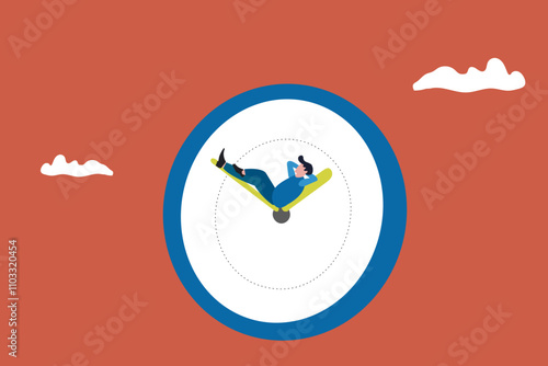 Businessman relax on the time running clock. concept of wasting time, slow living, and low productivity or efficiency