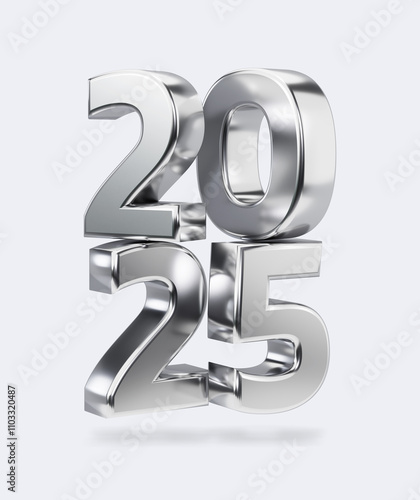 2025 silver numbers. 3D rendering. Happy new year banner design. New Year symbol.