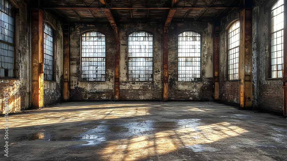 Sunlit Interior of a Derelict Industrial Building, A Rustic, Weathered Space with Large Windows, Casting Shadows on the Ground. Sunlit Interior of a Derelict Industrial Building, A Rustic, Weathered Space with Large Windows, Casting Shadows on the Ground.
