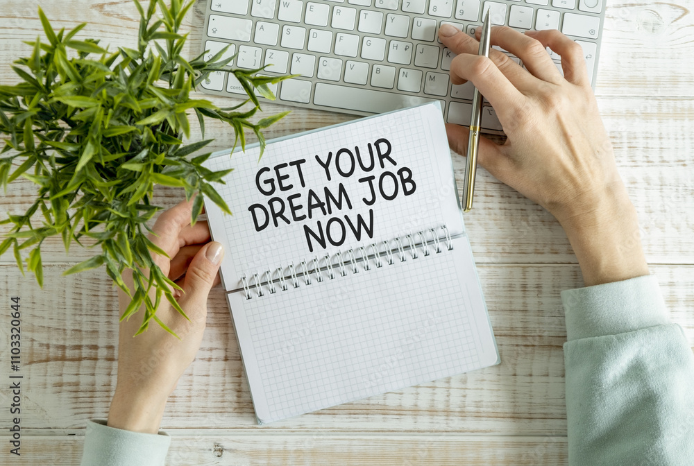 Manager holding tablet pc with Get Your Dream Job Now text on screen