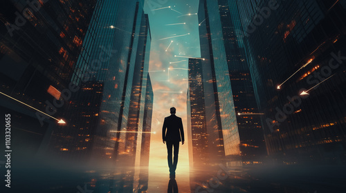 Abstract business man stands on the peak of success amid tall, innovative Smart city and graphs with statistics to analyze business potential and predict future developments in company growth.