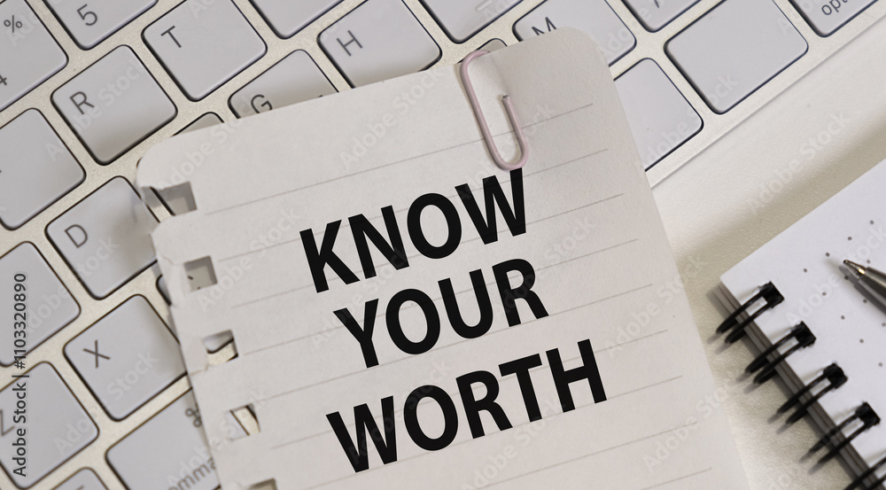 Conceptual hand writing showing Know Your Worth. Business photo text Have knowledge of selfvalue Worthiness Deserved income Keyboard with empty note paper and pencil white background. Conceptual hand writing showing Know Your Worth. Business photo text Have knowledge of selfvalue Worthiness Deserved income Keyboard with empty note paper and pencil white background.