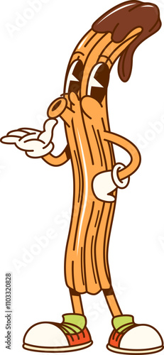 Cartoon groovy Mexican churros fast food character with expressive face, wearing vintage shoes and sending and air kiss joyfully. Funny vector cookie and bakery retro tex mex personage with funky vibe