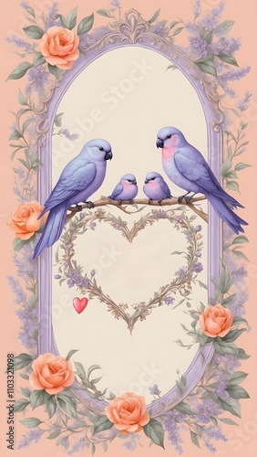 Valentine's Day illustration with birds and roses in heart frame on pastel background - copy space
