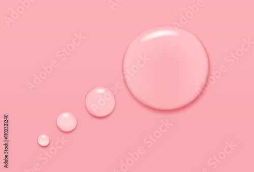 Realistic serum drops on pink surface background. Vector illustration of 3d liquid blobs with gel, oil, collagen, jelly.