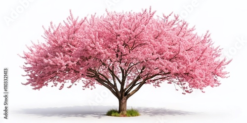 Aerial Photography of Isolated Blossoming Pink Sakura Tree on White Background for Decorative Design Work and Floral Arrangements in Springtime Celebrations and Events