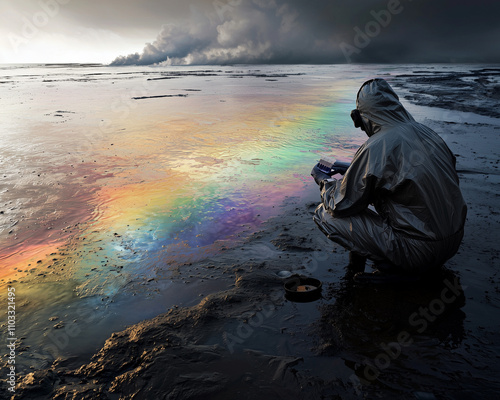 environmental technician in protective gear kneels to collect samples from a colorfully polluted coast