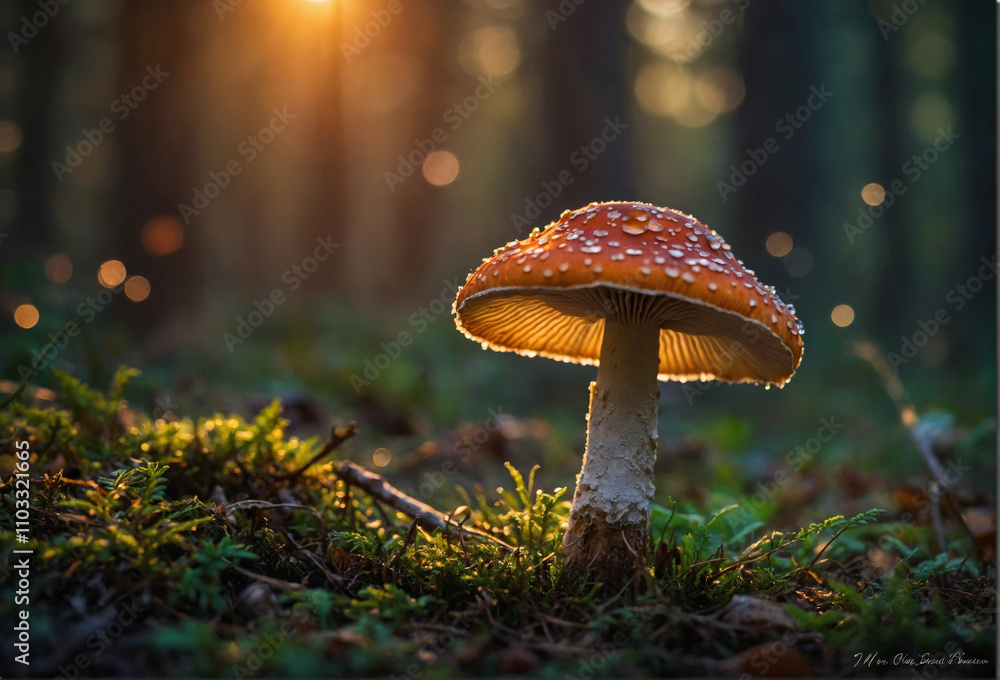 Fototapeta premium Orange mushroom glistens in forest sunlight with dew drops at dawn