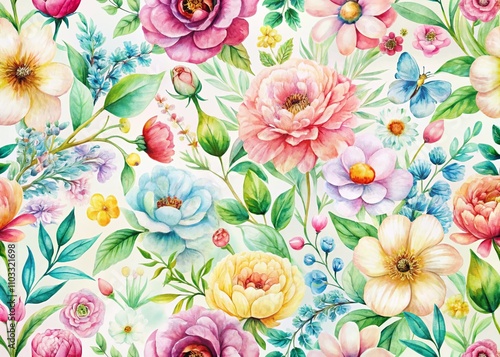 Aerial Photography of Watercolour Floral Pattern Featuring Vibrant Spring Flowers in Soft Pastel Hues for Interior Design and Fabric Prints