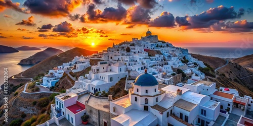 Aerial Sunset Silhouette of Chora Village on Astipalaia Island, Greece, Capturing the Serene Beauty of Traditional Cycladic Architecture Against a Vibrant Sky photo