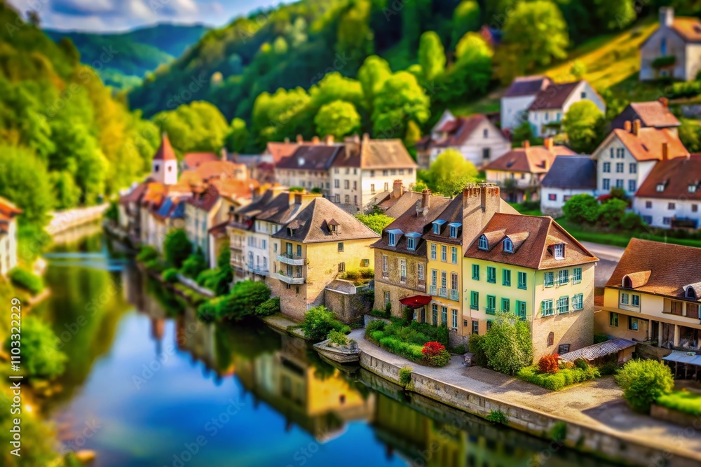 Aerial Tilt-Shift View of the Scenic Town of Sainte Claude with Apartment Buildings Along the River in the Haut Jura Region of France, Capturing Its Unique Charm and Architecture Aerial Tilt-Shift View of the Scenic Town of Sainte Claude with Apartment Buildings Along the River in the Haut Jura Region of France, Capturing Its Unique Charm and Architecture