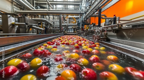 Apples being washed on conveyor belt in food processing plant photo