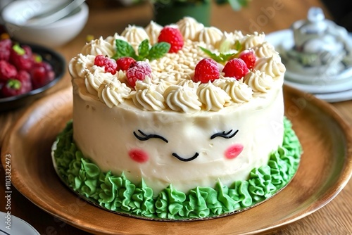 a cute smiling bento cake with berries photo