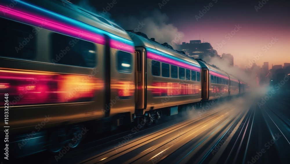 Fototapeta premium Fast train travels through urban landscape at dusk with vibrant lighting