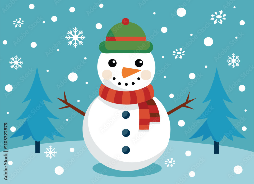 Merry christmas and happy new year card with snowman christmas tree and snow flake on light green background. vector illustration. Merry christmas and happy new year card with snowman christmas tree and snow flake on light green background. vector illustration.