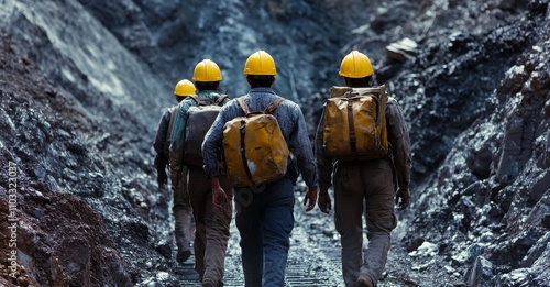 Workers wearing yellow hard hats and working, walking through the mine with backpacks on their backs, rear view photo