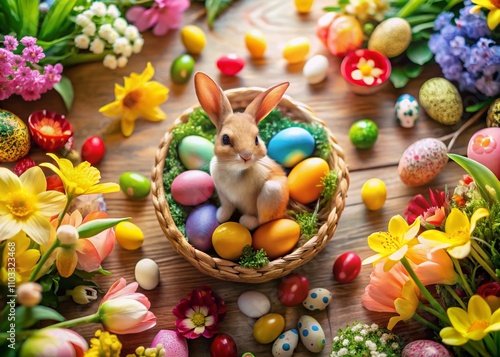 Aerial View of a Charming Easter Bunny Decorated Interior with Colorful Eggs and Spring Flowers, Perfect for Celebrating the Joy of Easter in a Cozy Home Setting