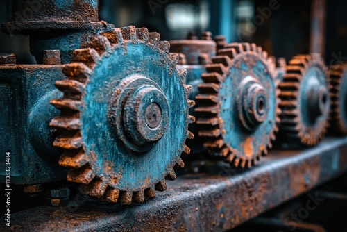 Close-Up of Rusty Industrial Gears in a Vintage Machinery Setting with Blue and Orange Tones Highlighting Texture and Detail