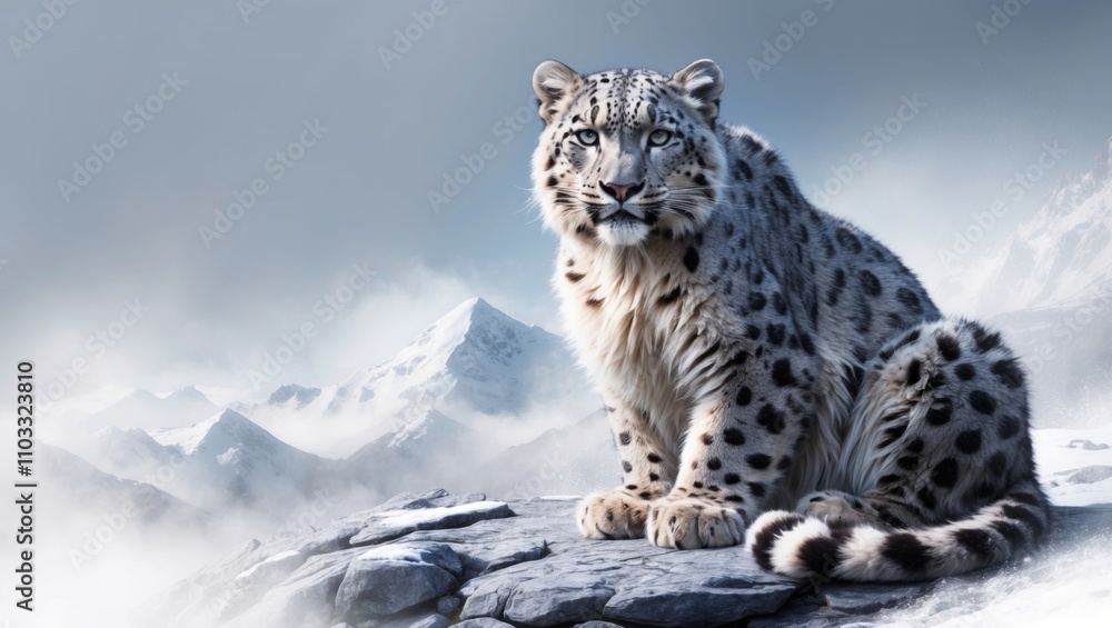 Snow leopard rests on rocky ledge amid misty mountain landscape Snow leopard rests on rocky ledge amid misty mountain landscape