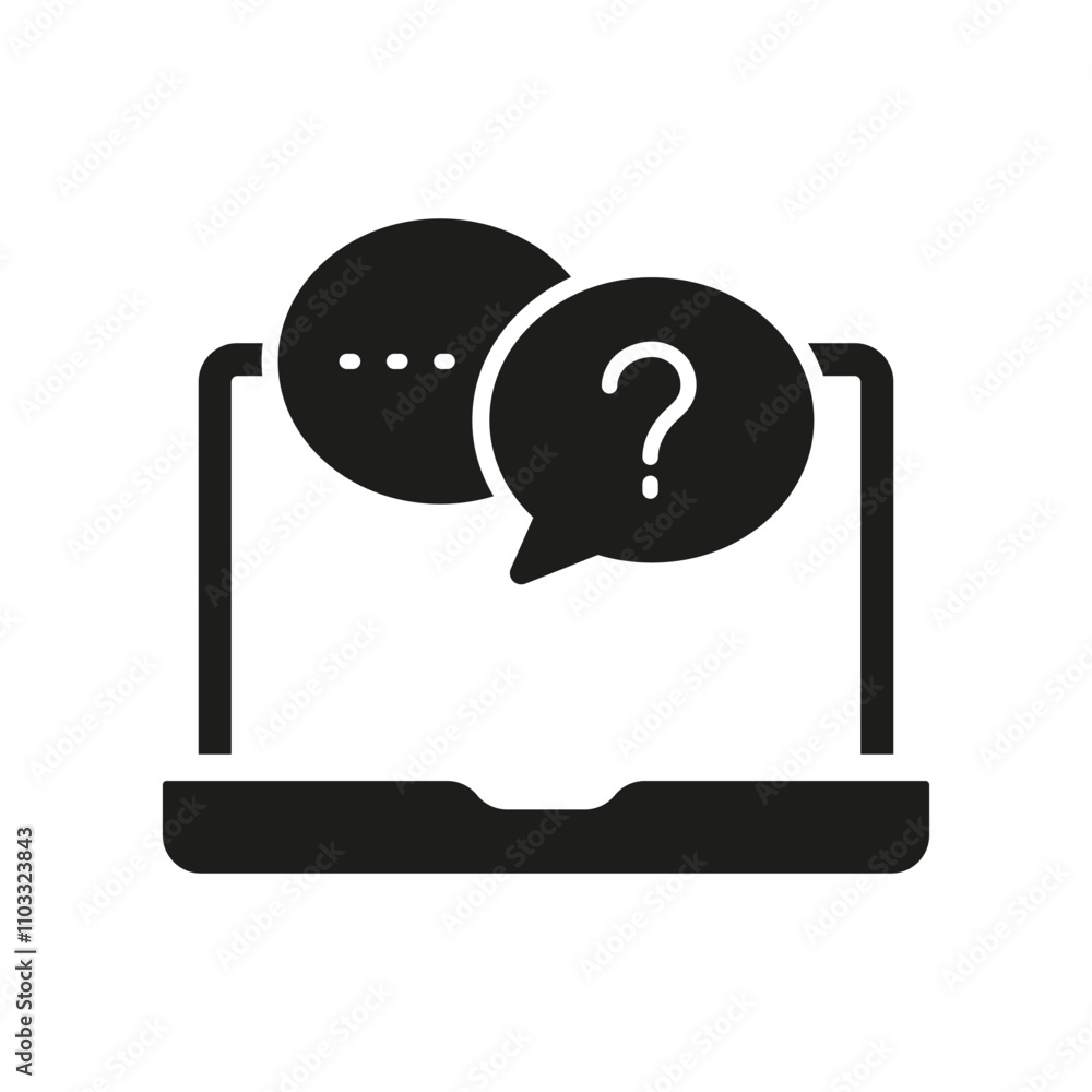 Laptop with Question Chat Bubble Silhouette Icon for Online Support Services. Online Chat for Customer Support Glyph Symbol. Isolated Vector Illustration Laptop with Question Chat Bubble Silhouette Icon for Online Support Services. Online Chat for Customer Support Glyph Symbol. Isolated Vector Illustration