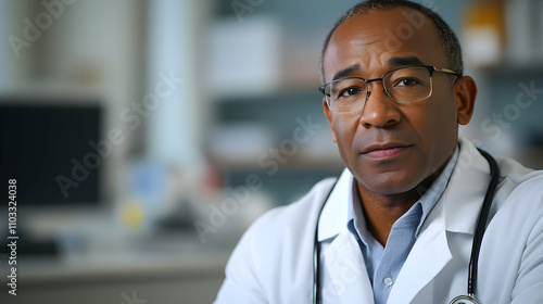 Portrait of a Serious Doctor in His Office; A Male Physician Wearing a Lab Coat and Stethoscope, Showing Professionalism and Calmness.