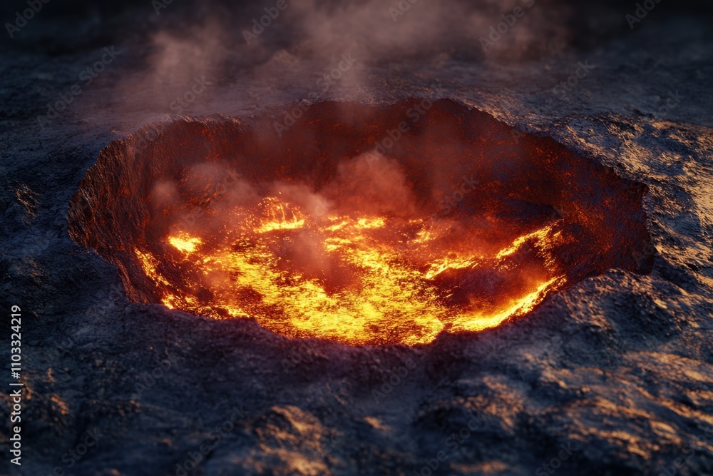A lava pit with a fire in the center A lava pit with a fire in the center