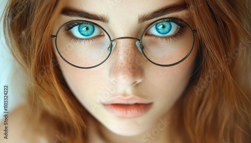 Close-up Portrait of a Beautiful Woman with Round Glasses, Freckles, and Piercing Blue Eyes