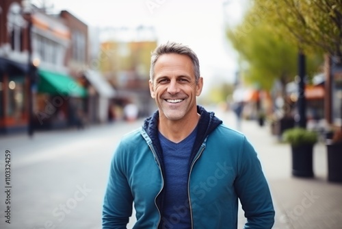 Portrait of a handsome middle-aged man smiling in the city