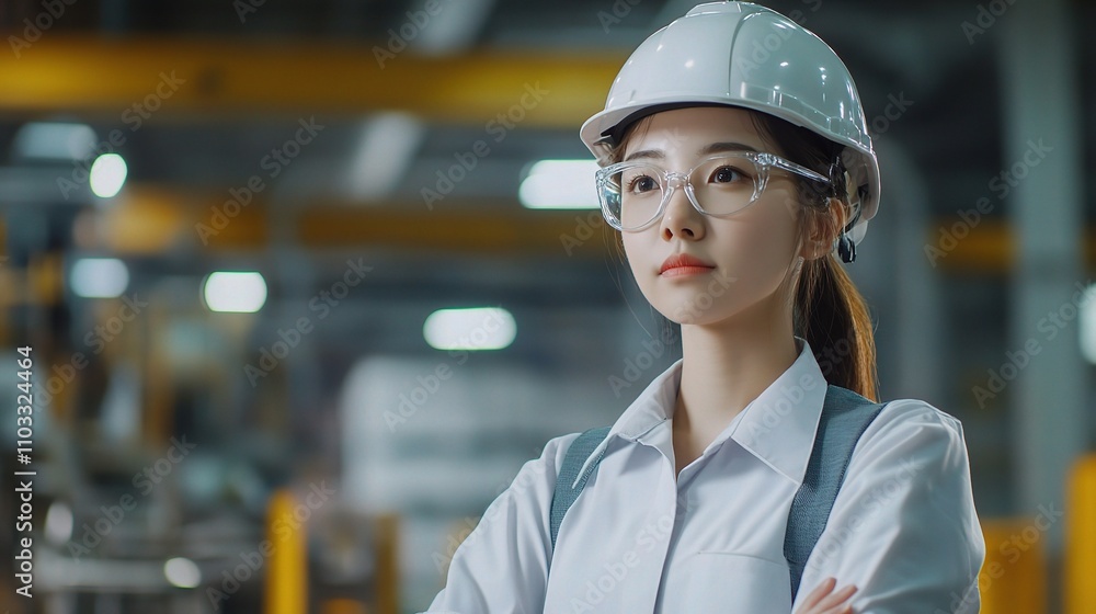 Young Female Engineer in Hard Hat and Glasses at Industrial Site Young Female Engineer in Hard Hat and Glasses at Industrial Site