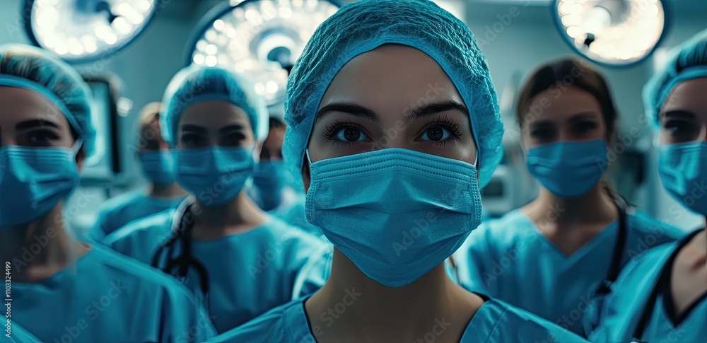 A group of female doctors wearing blue surgical masks and hair nets stand in front, looking towards the camera with eyes wide open A group of female doctors wearing blue surgical masks and hair nets stand in front, looking towards the camera with eyes wide open