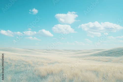 A vast, empty field with a blue sky and fluffy clouds