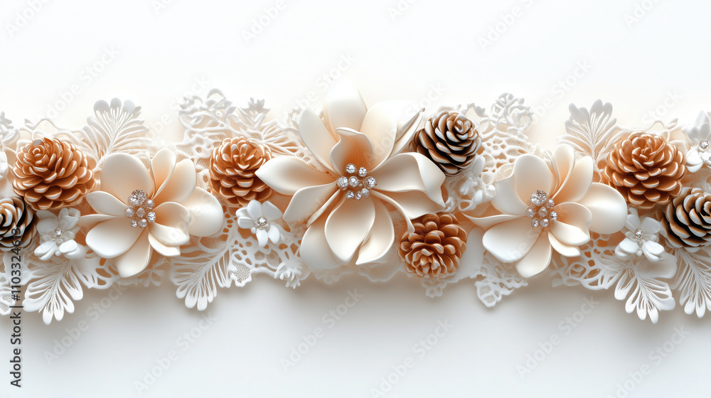 Fototapeta premium Festive delicate white and pink Victorian style Christmas background with pine cones, bows, flowers and snowflakes.Airy winter frame for holiday cards, invitations or product displays