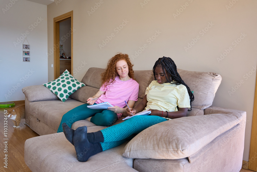 Two female students studying together on sofa at home