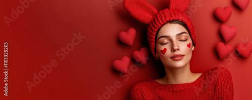 Beautiful Woman with Heart Face Paint and Red Bunny Ears Banner