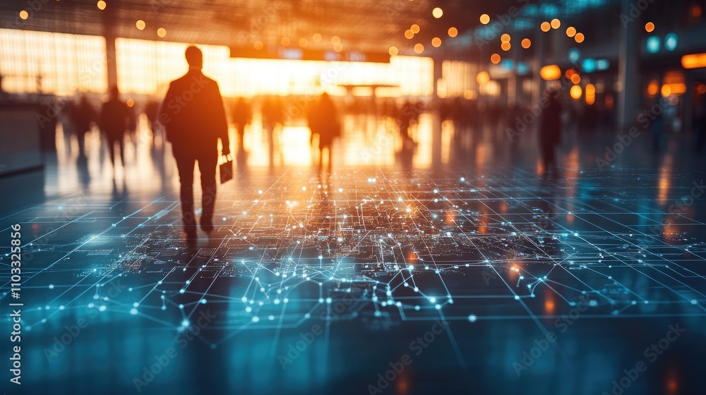 Obraz premium A businessperson walks through a futuristic airport, surrounded by digital connections.
