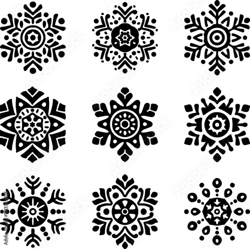 Folk Traditional Snowflakes Set Nordic and Scandinavian Inspired Vector Illustrations