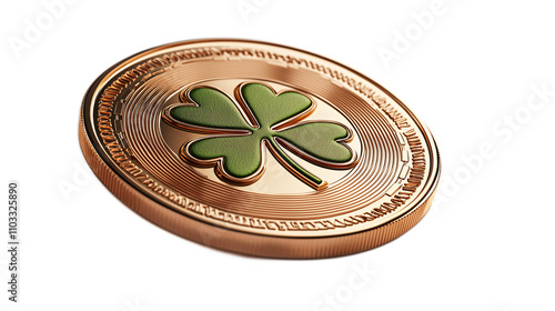 Gold coin with shamrock emblem digital art home decor bright background playful concept photo