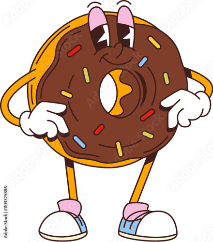 Cartoon retro donut groovy character. Isolated vector vibrant doughnut pastry dessert personage with funky smile, chocolate glaze and colorful sprinkles, embodies a 70s vibe, with a wide, cheery smile