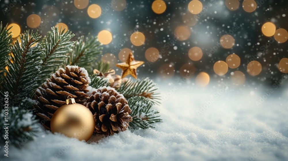 Golden Christmas Ornaments and Pinecones in Snow, Festive arrangement of golden ornaments, pinecones, and fir branches on snow with glowing bokeh lights in the background, evoking holiday cheer.
Golden Christmas Ornaments and Pinecones in Snow, Festive arrangement of golden ornaments, pinecones, and fir branches on snow with glowing bokeh lights in the background, evoking holiday cheer.