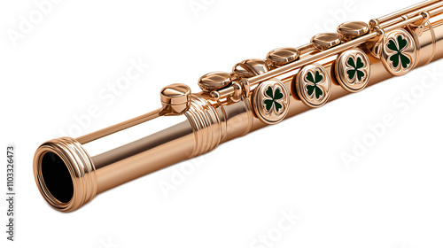 Musical craftsmanship golden flute with shamrock engraving art studio close-up elegance