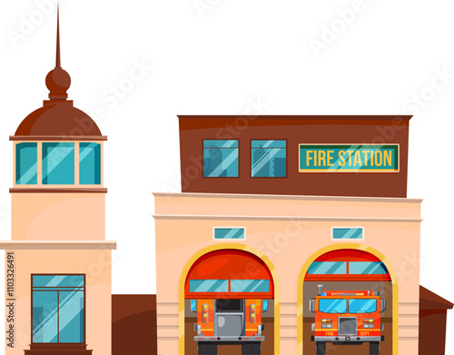 A fire station with two fire trucks parked in front of it