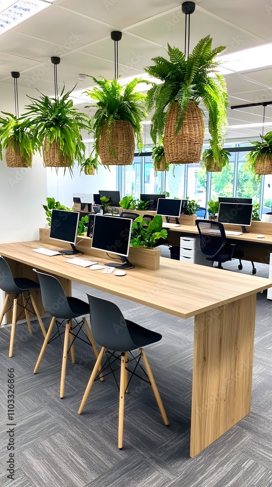 Fototapeta premium Modern Office Workspace with Hanging Plants and Wooden Desk.