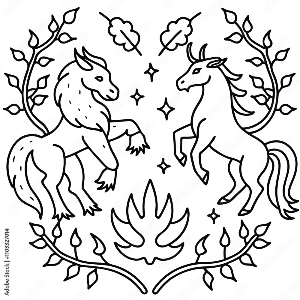 Fantasy Forest Creatures Imaginative line art of mythical forest animals like unicorns, phoenixes, and dragons intertwined with vines and trees Adobe Illustrator Artwork Fantasy Forest Creatures Imaginative line art of mythical forest animals like unicorns, phoenixes, and dragons intertwined with vines and trees Adobe Illustrator Artwork