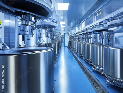 Industrial stainless steel mixing vats in a factory.