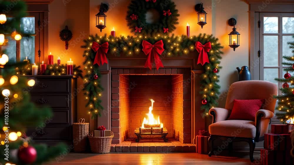 Festive fireplace adorned with garlands and a glowing fire creating a cheerful and holiday ambiance Festive fireplace adorned with garlands and a glowing fire creating a cheerful and holiday ambiance