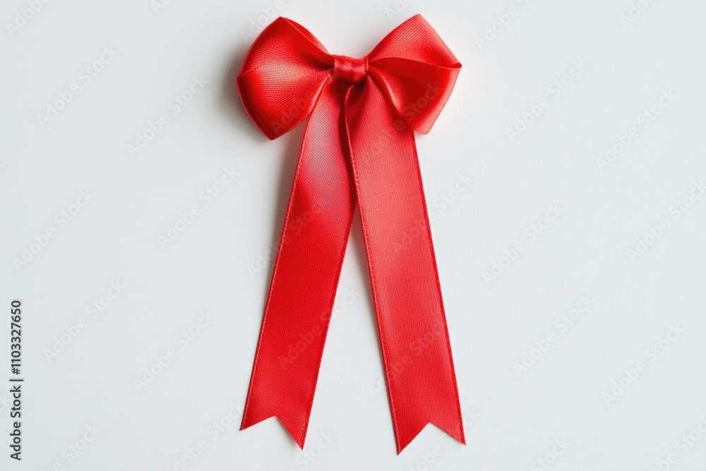 A single red satin ribbon bow on white A single red satin ribbon bow on white