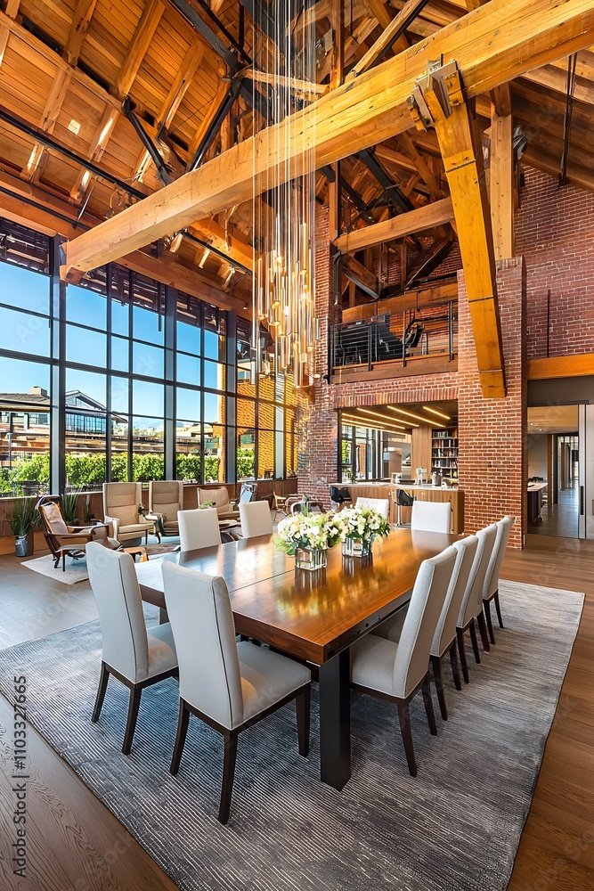 Fototapeta premium Modern Dining Room in Loft Style Building with Exposed Wooden Beams