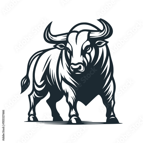 The big black bull. Black white vector illustration. 