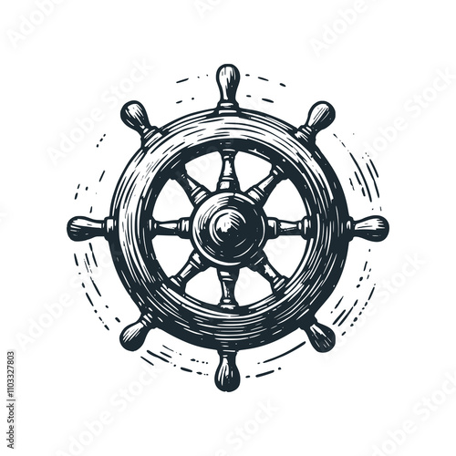 The steering wheel of ship. Black white vector logo illustration. Isolated on white background.